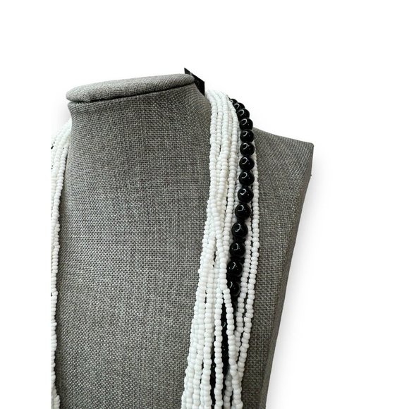 Vintage Bohemian Glass Black And White Multi Strand Necklace 25” Spring Ring - Picture 5 of 6